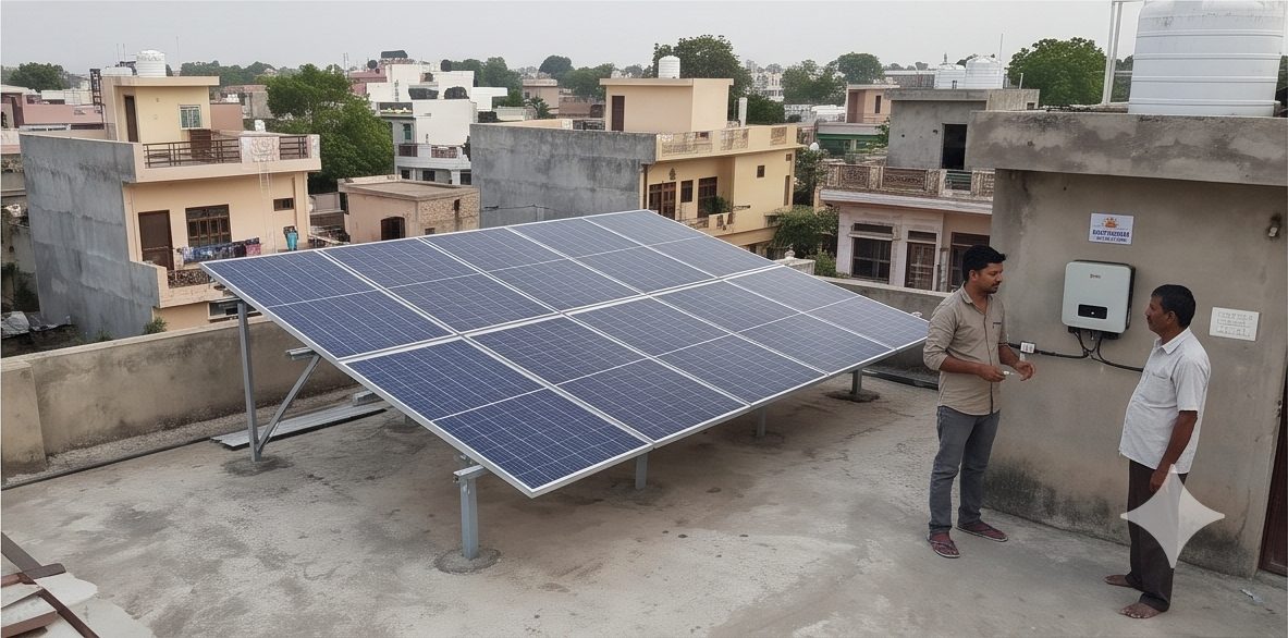 Elevated solar panels on a house terrace with inverter on the wall