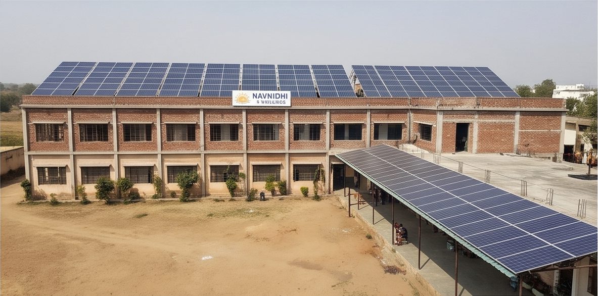 School with rooftop solar and a solar shade structure