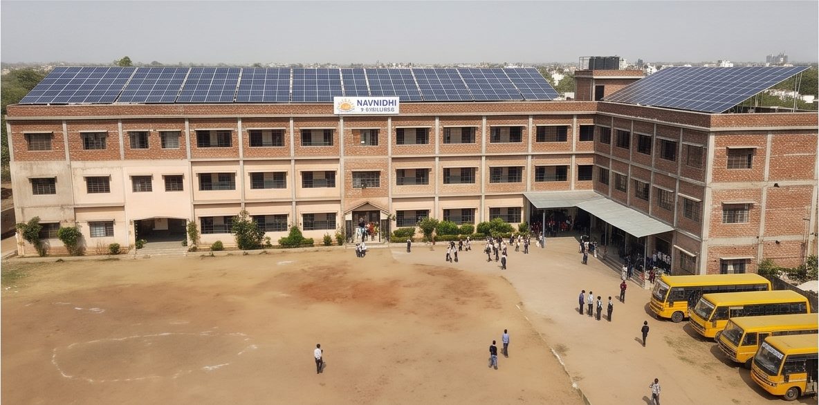 School building with solar panels on the roof and school buses in the ground