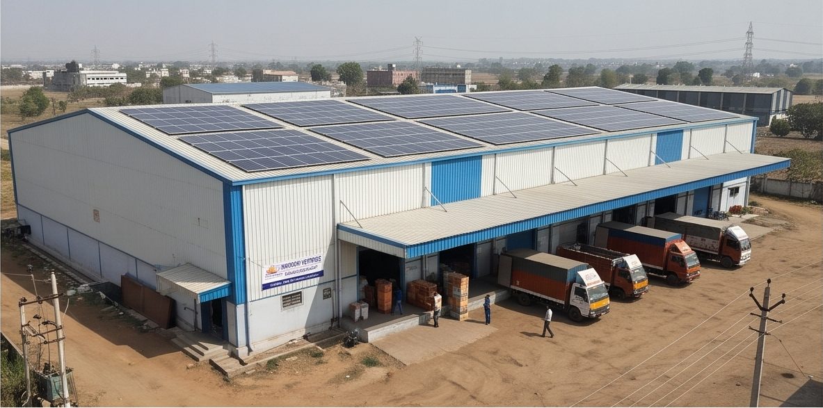 Warehouse roof with solar panels and trucks at the loading bay